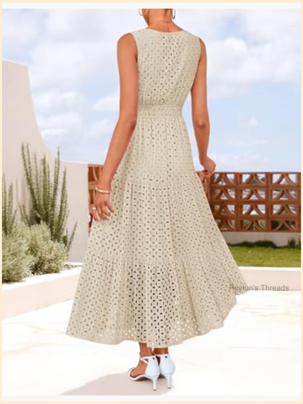 Sleeveless V-Neck Maxi Dress A-Line Empire Waist Flowy Eyelet Casual Party - Picture 5 of 7